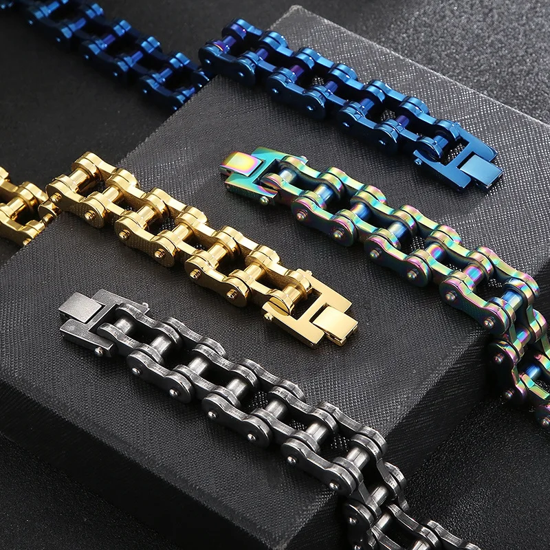 Heavy Punk Rock Rainbow Blue Chain Bracelet in Titanium Steel