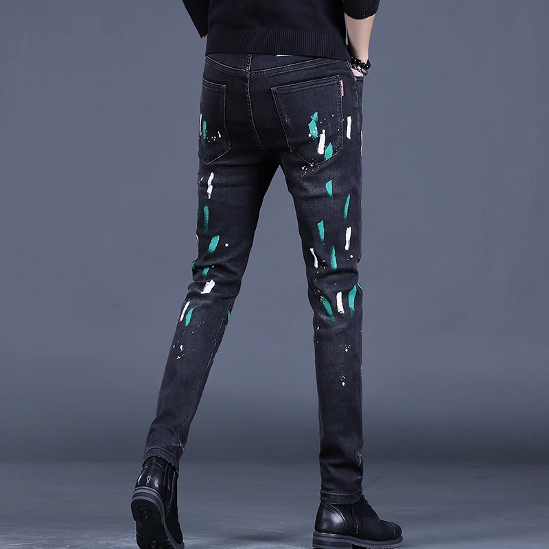Black Ripped Patch Printed Jeans Men Autumn Casual Slim Fit Straight Pants Fashion Streetwear Stretch Denim Trousers