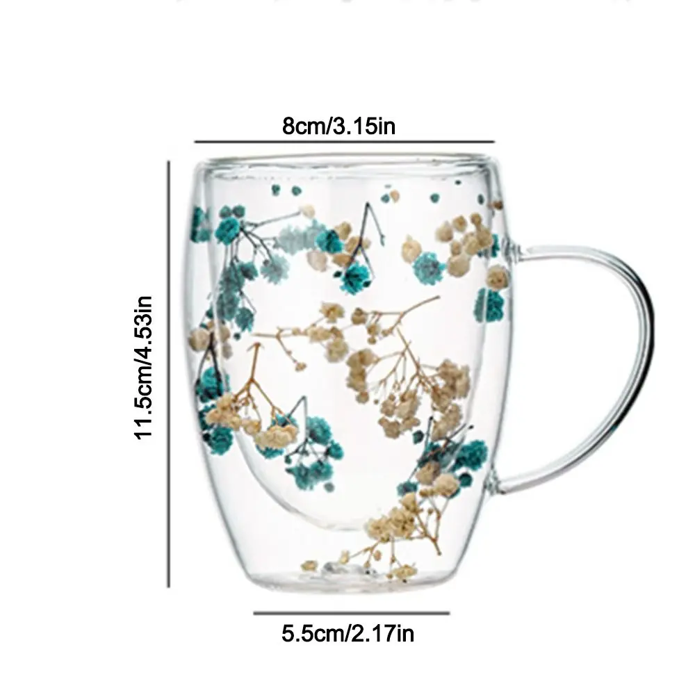 Elegant Full Sky Star Double Layer Glass Cup with Handle 350ml Dried Flowers Glass Mugs Heat Resistant  Coffee Mug Flower Cup