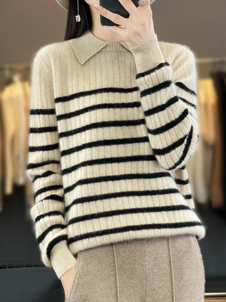

Women Striped Sweater Autumn Winter Turn-down Collar Pullovers 100% Merino Wool Casual Thick Cashmere Knitwear Korean Fashion