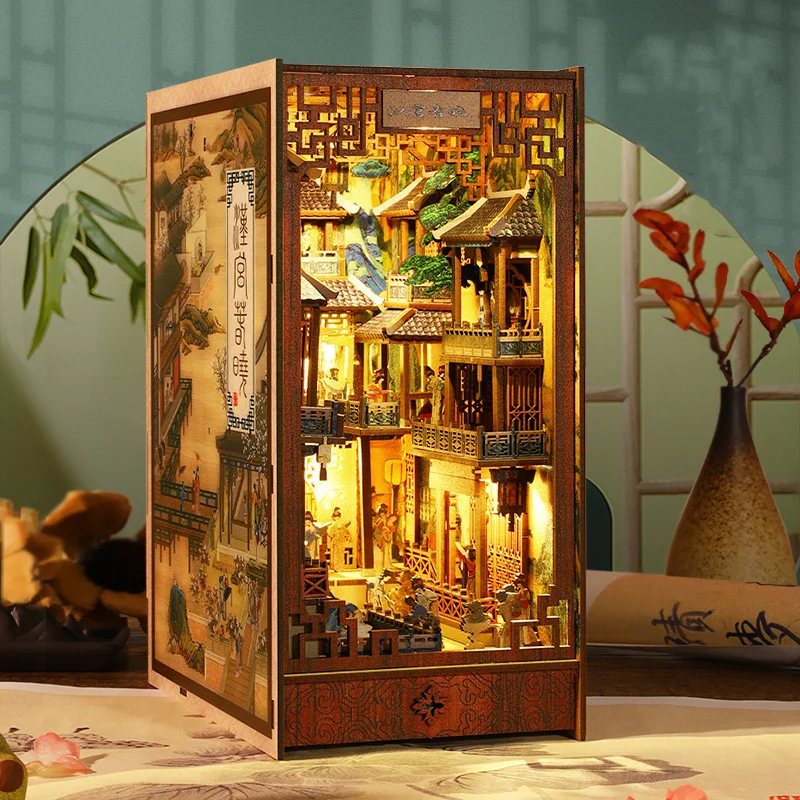 NEW DIY Wooden Book Nook Shelf Insert Miniature Building Kits Bookshelf Chinese Ancient Town Bookends Handmade Crafts Gifts