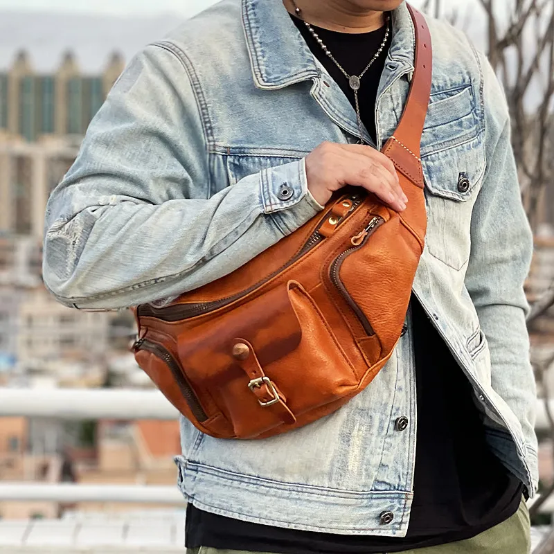 Fashion luxury genuine leather men's multi-pocket chest bag designer high quality real cowhide motorcycle shoulder crossbody bag