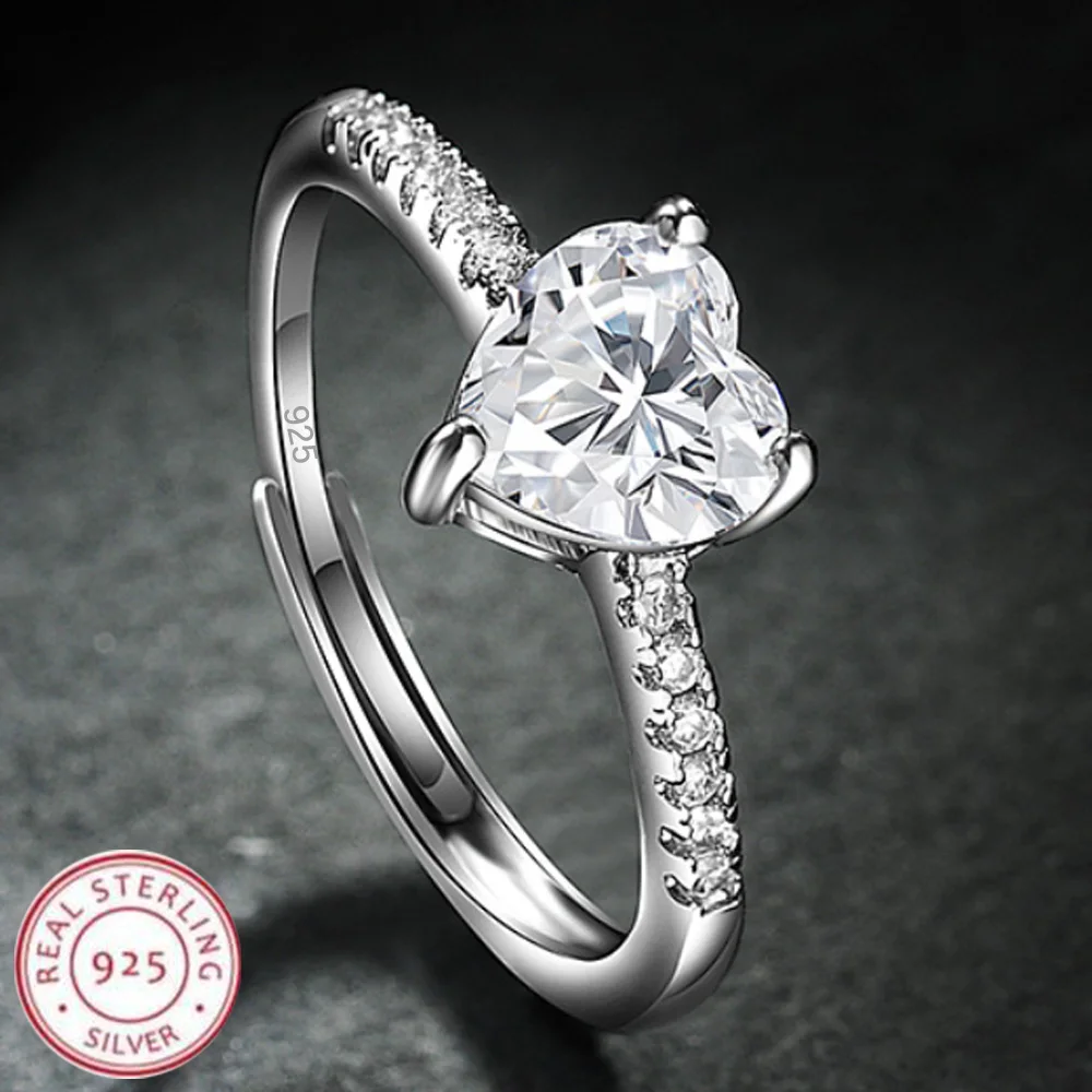 925 Sterling Silver Heart Ring Sparkle Zircon For Women Wedding Fine Jewelry Accessories Party Gift