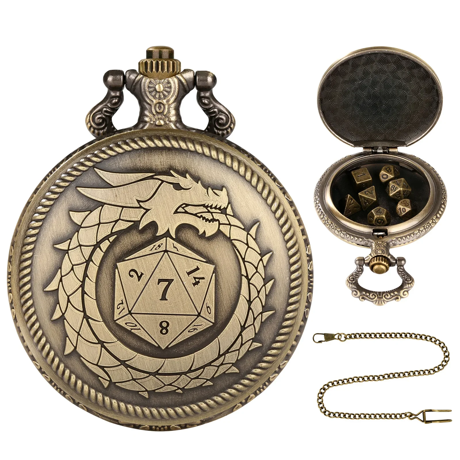 Dragon-Themed Retro Pocket Watch Case with 7-Piece Metal Polyhedral Dice Set