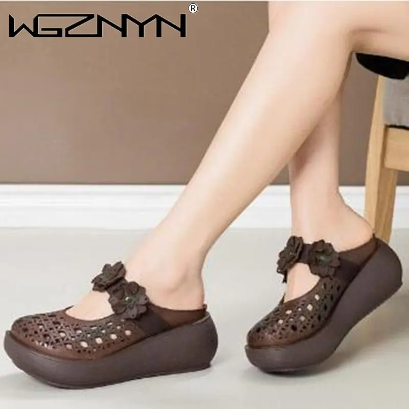 

Women Slippers Hollow Out Flower Sandals Height Increasing Platform Slide Close Toe Chic Wedge Shoe for Women Sandalias De Mujer