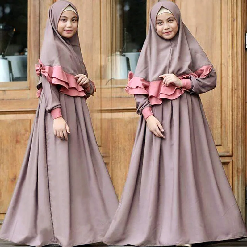 

Muslim Traditional Clothing Islamic Robe Kids Baby Girls Richer Saudi Arab Dubai Solid Abaya Kaftan with Ruffle Bow Hijab Dress