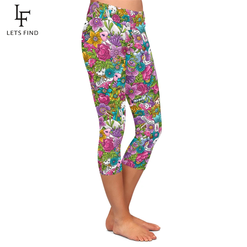 LETSFIND Fashion Colorful Flowers Rabbit Coffee Elements Printed Women Capri Leggings High Waist Fitness Pants Summer