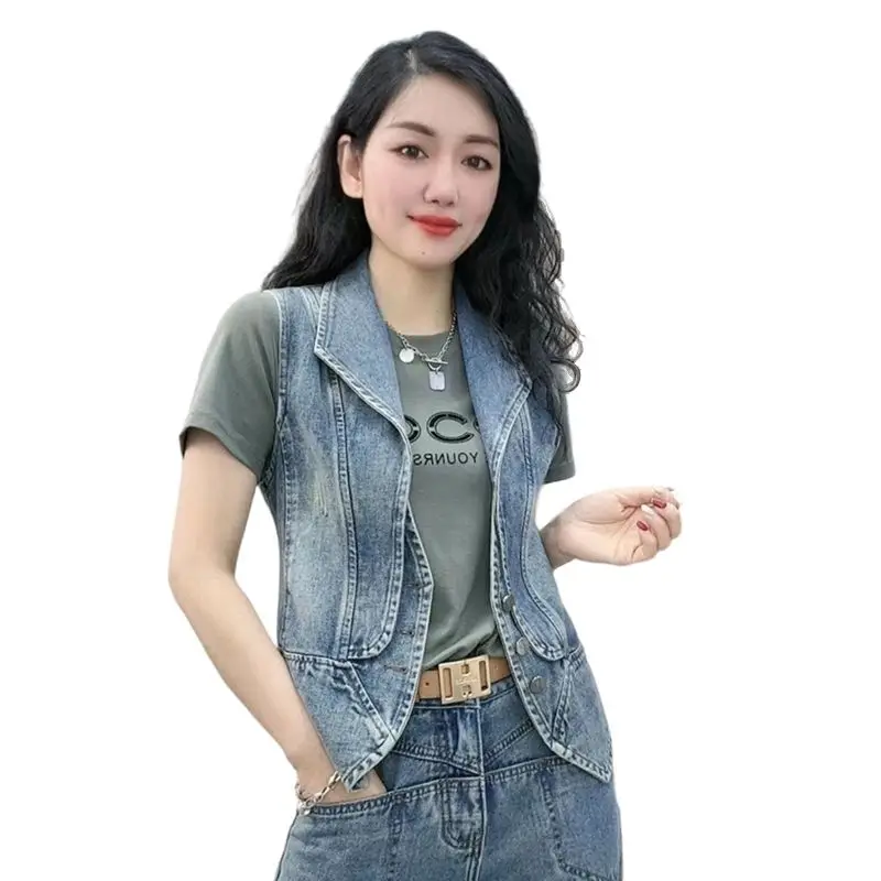 Gilet In Denim Stretch Donna PRICXY PJ-2021 - Lavaggio Medium Blue, Nuovo Con Etichette