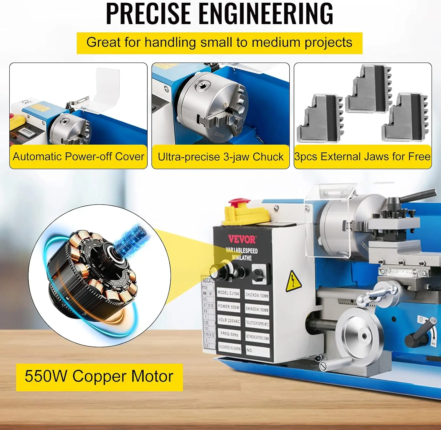 Mini Metal Lathe 7"x14" Benchtop Metal Lathe 550W Variable Speed 2250RPM with 3-jaw Chuck CNC Mini Machine