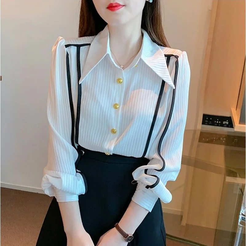 2023 New Spring and Summer Commuter Simple Polo Collar Contrast Color Panel Single Breasted Long Sleeve Top Loose Women's Shirt