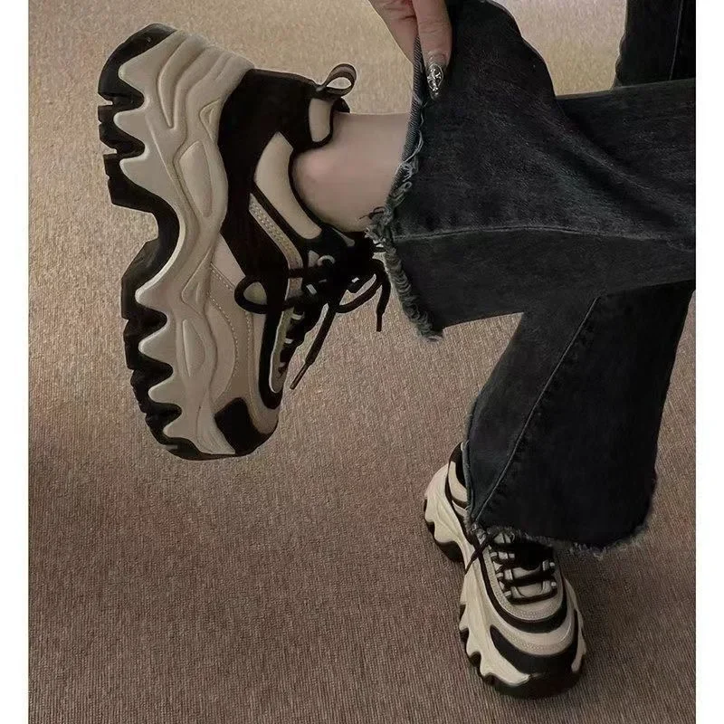 Sneakers Women Casual White Shoes 8CM Fashion Height Increasing Thick Bottom Spring Platform Leather Woman Chunky Sneakers2026