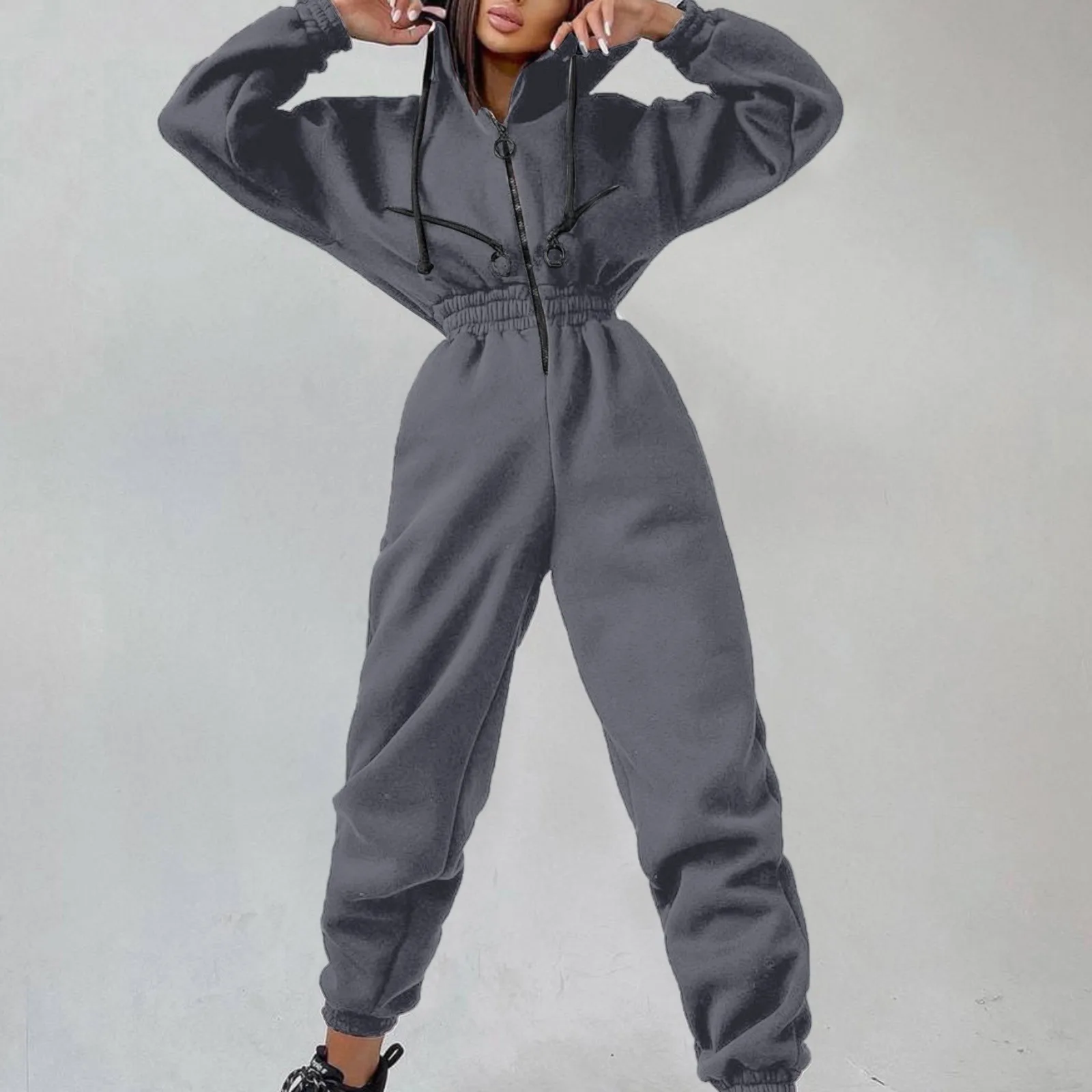 

Fashion Hoodies Jumpsuit Women Casual Overalls Romper Zipper Drawstring Hooded Playsuit Female One Piece Rompers Tracksuits
