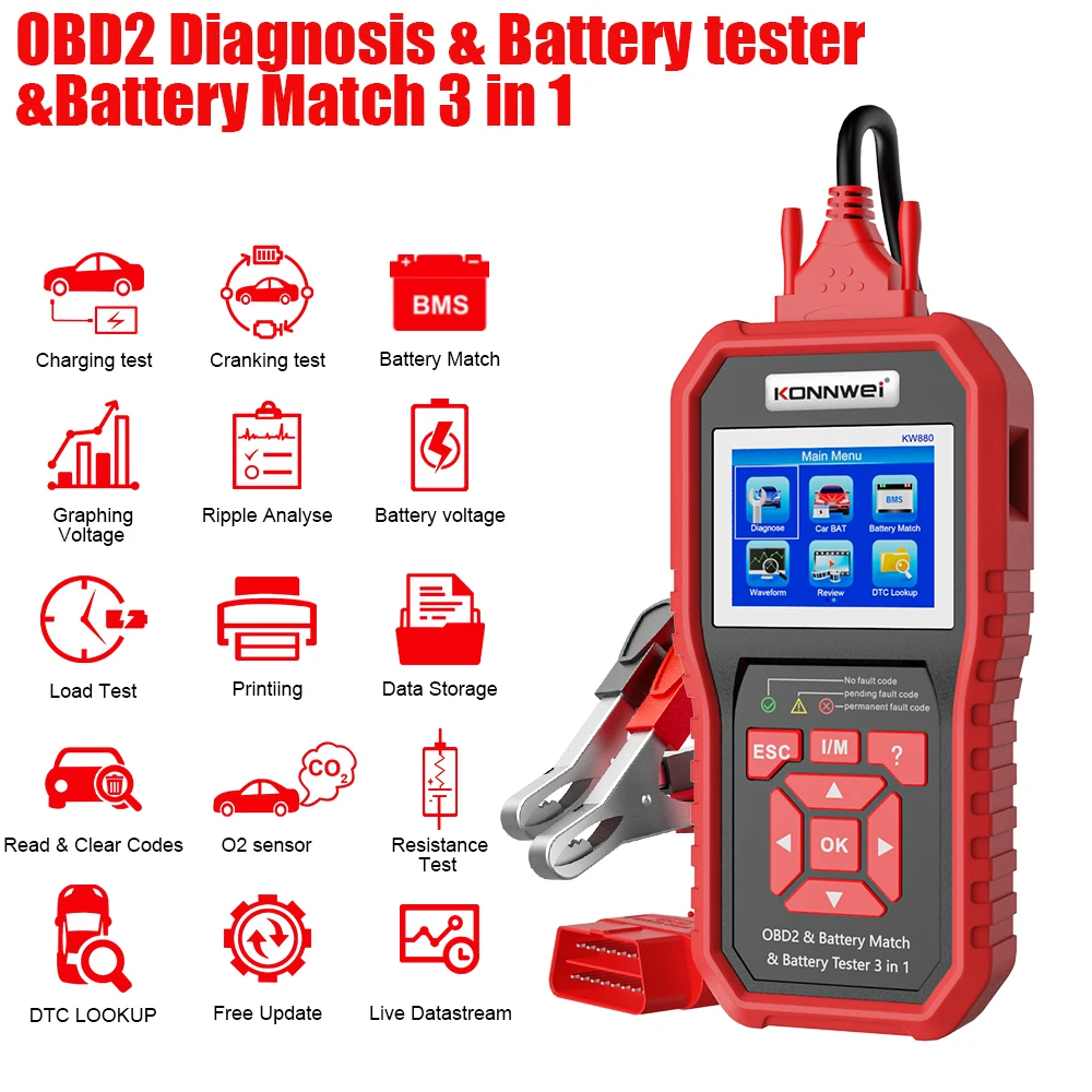 

KONNWEI KW880 Universal Battery Tester& Car Battery Match Car OBDII Diagnostic Fault Scanner for 6V-12V Motorcycle Battery Test