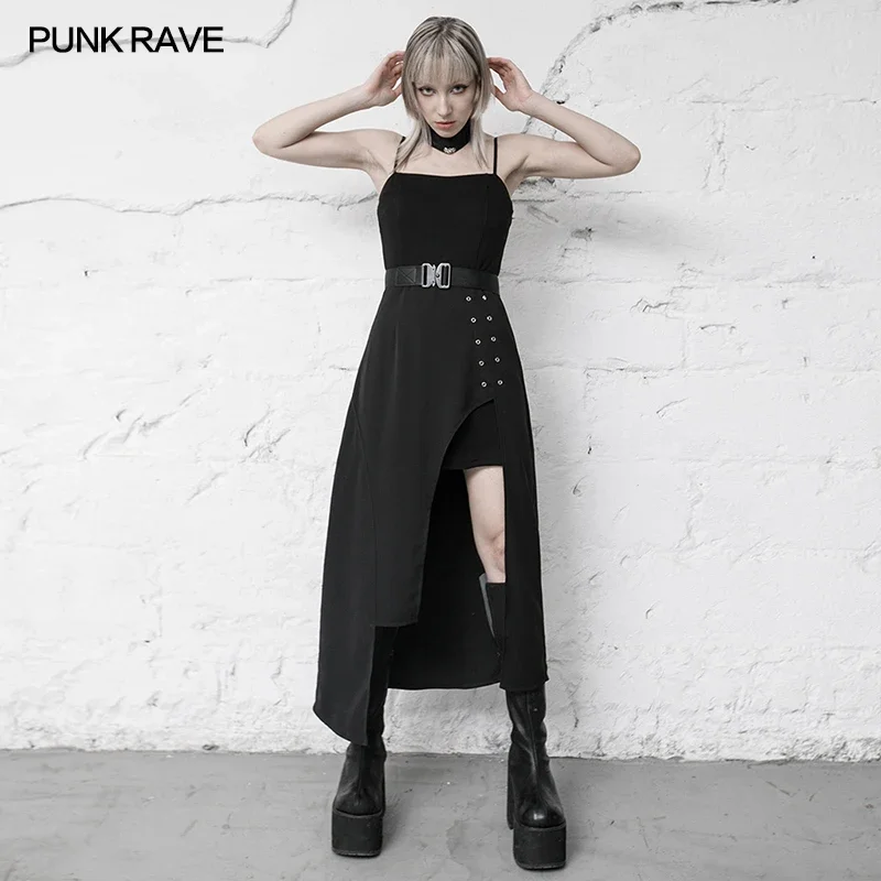 

PUNKRAVE Women's Punk National Style Sexy Long Dress Detachable Cheongsam Collar Club Slim Double Row Eyelet Decoration