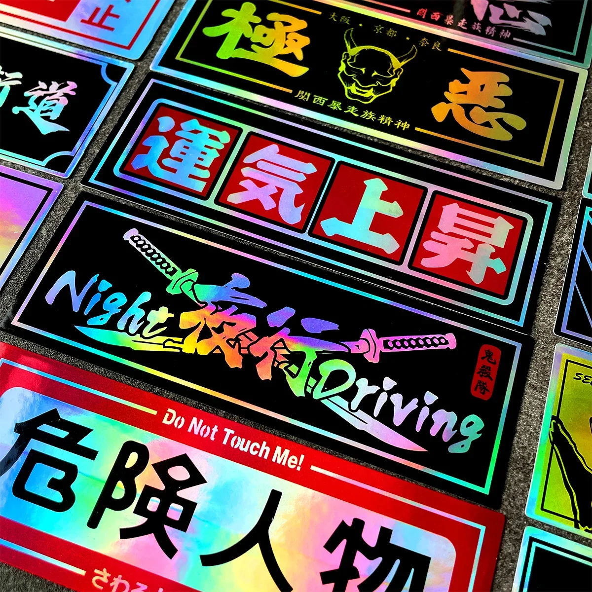 Vinyl stickers 24PCS/Lot laser rainbow Speedhunters Oni Samurai JDM good lucky racing car vinyl stickers motorcycle helmet decal accessories