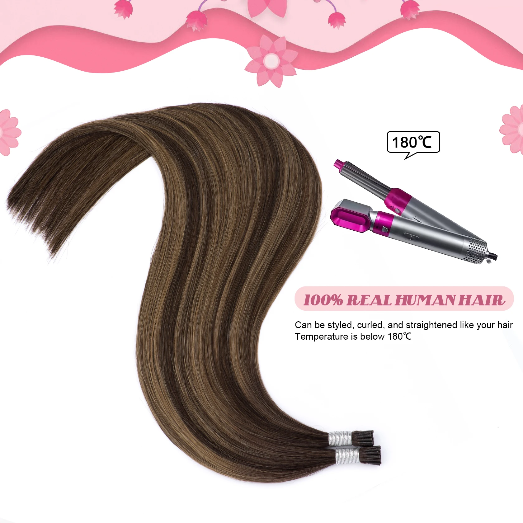 Highlight I Tips Hair Extensions Real Human Hair Ombre Color #2/8/2 Brown Human Extension I Tip Extensions