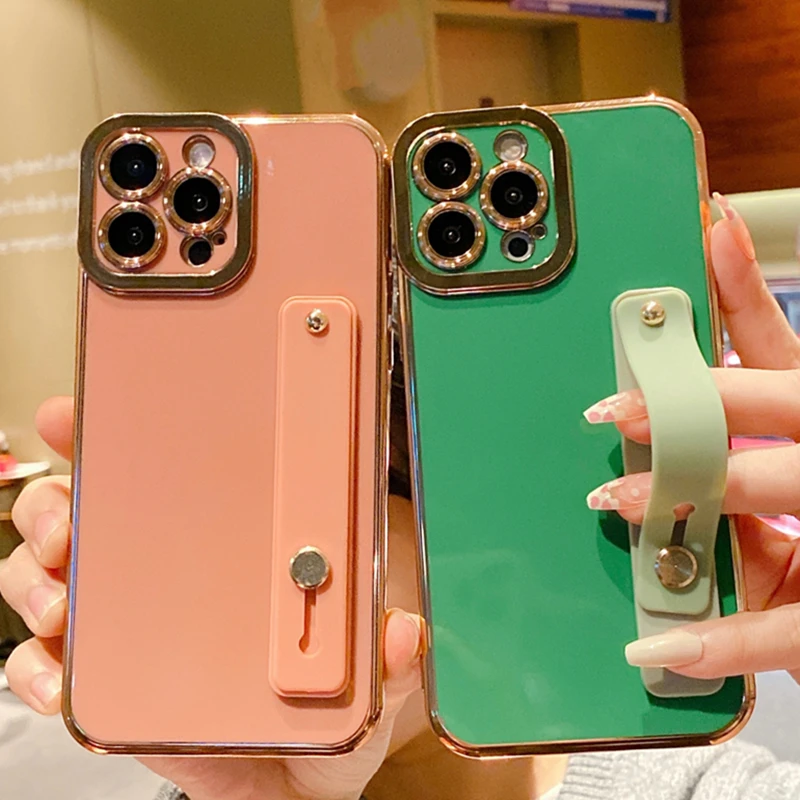 Гальванический чехол с ремешком на запястье для iPhone 13 12 11 Pro SE 2020 Золотая рамка