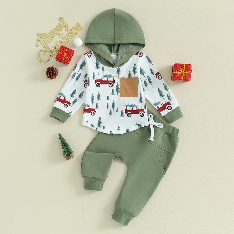 

2023-10-06 Lioraitiin 0-3Y Newborn Baby Boys Christmas Clothes Sets Car Print Long Sleeve Hooded Sweatshirts Pocket Pants Outfit
