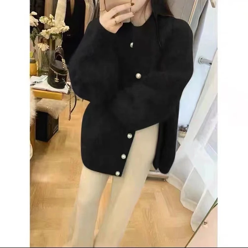 여성용 푹신한 밍크 캐시미어 솔리드 스웨터 가디건, 진주 버튼, 느슨한 O넥 미디 패션, 레이지 시크 코트, 2023 가을 신상