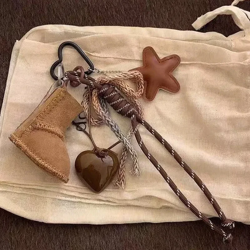 PU Leather Star Keychain Pentagram Car Keyring with Woven Acrylic Heart Snow Boots Pendant Creative Bag Charms