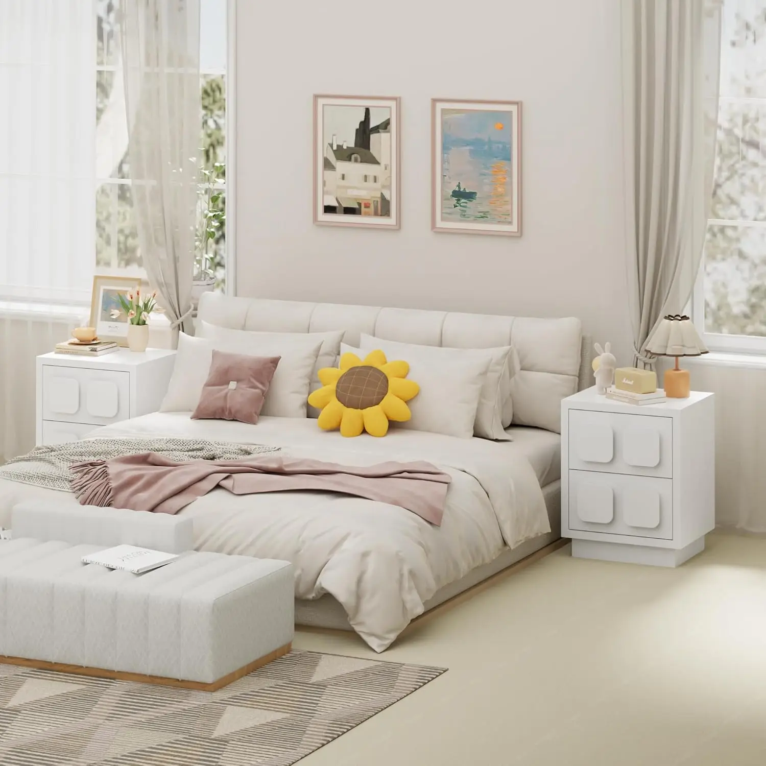 White Nightstand 23.62'' Tall,Modern Night Stand with 2 Drawers for Bedroom, Large Side End Table Chocolate Bedside Night Tables