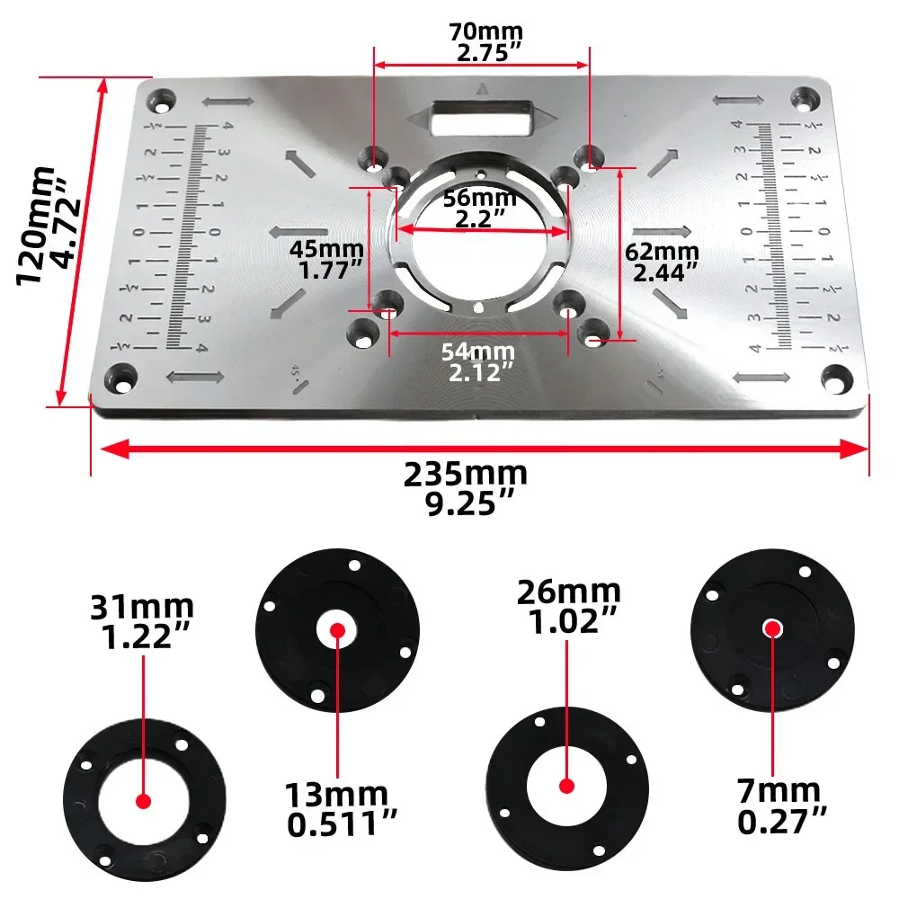 Aluminum Router Table Insert Plate for Woodworking Benches with Rings