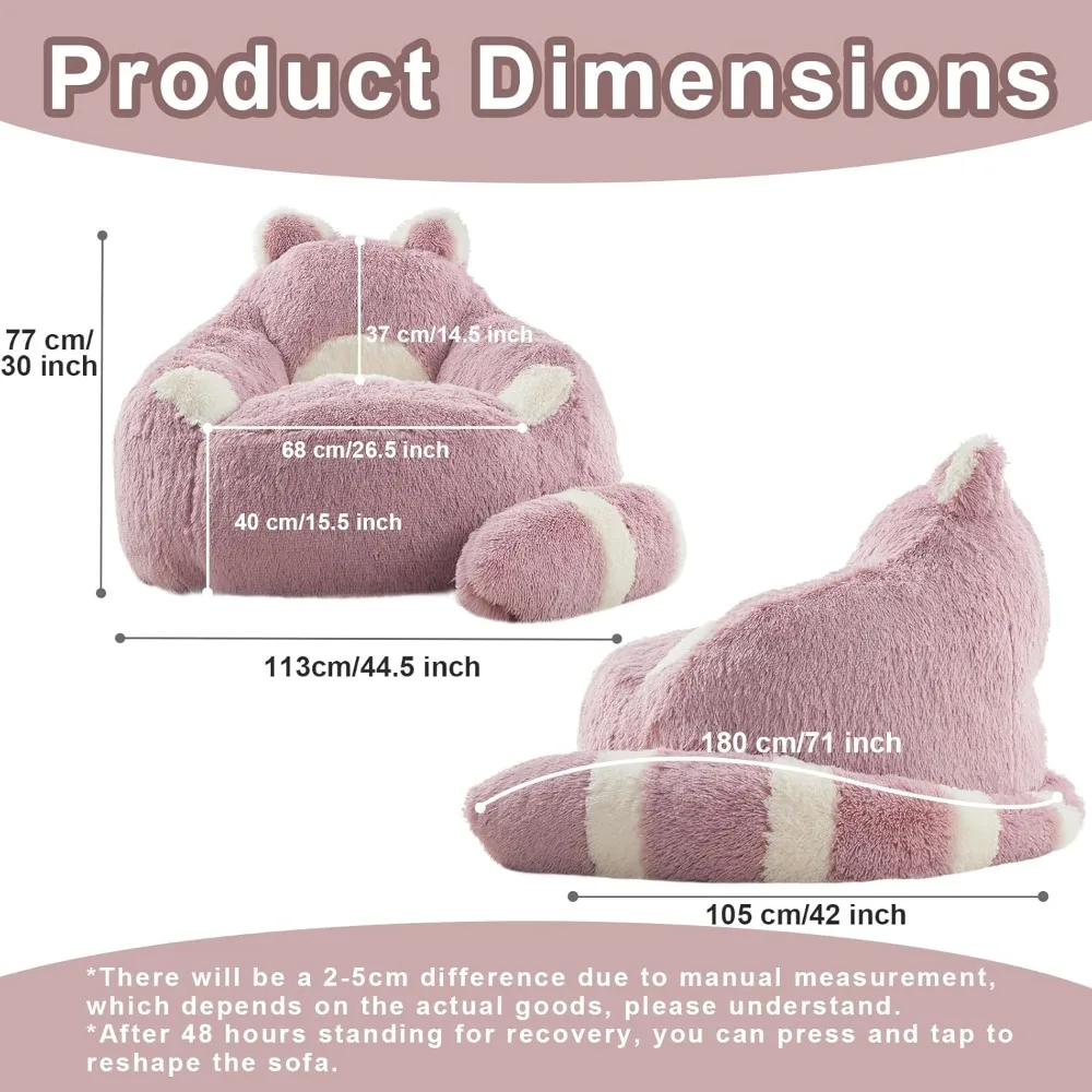 Large Fluffy Raccoon Bean Bag Chair with Filler, Faux Fur Sofa for Adults Kids Reading Sleeping