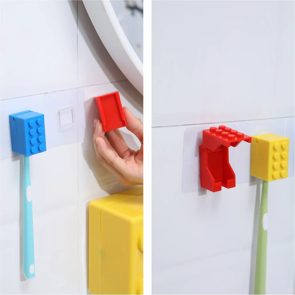 Creative Plastic Building Block Shaped Toothbrush Holder Children Toothbrush Storage Rack Dust Waterproof Wall Hook