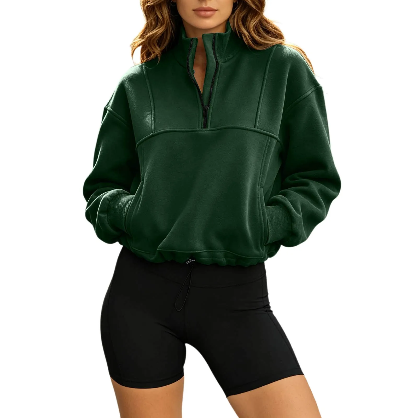 Women Half Zip Cropped Sweatshirt Stand Collar Long Sleeve Drawstring Hem Pullover With Pockets Loose Casual Y2k Cropped Hoodies