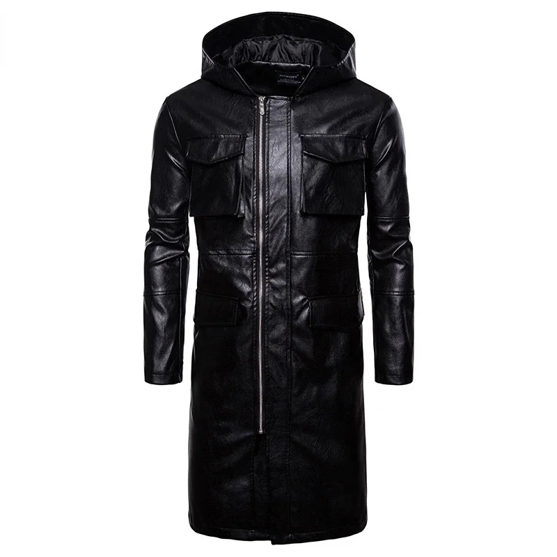 

PU Leather Long Jacket with Hood Faux Leather Trench Coat Windbreaker Black Motorcycle Bike Garment New Arrival