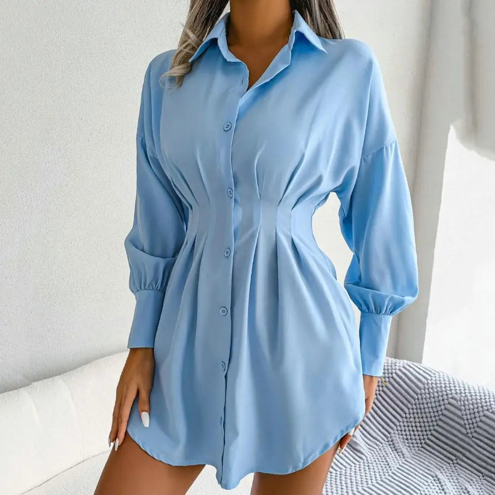 

Women Long Shirt Turn-Down Collar Single Breasted Lantern Long Sleeve Pleated Waist Tight Elegant Dress Shirt Ladies Clothing