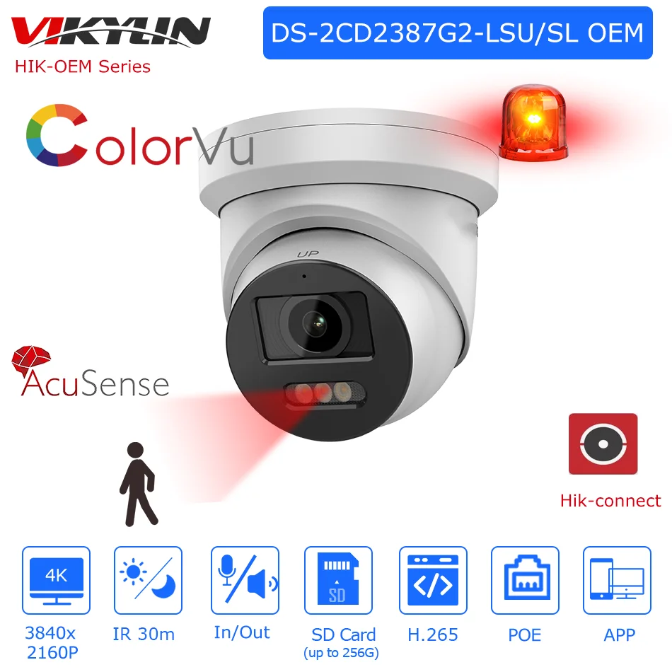 

Vikylin HIK OEM 8MP ColorVu IP Camera DS-2CD2387G2-LSU/SL Strobe Light Audible Warning 2-way Audio Surveillance Network Camera