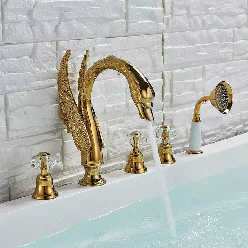 Golden Swan Bathtub Faucet Widespread Tub Mixer Tap Deck Mounted 3 Handle Swan Bath Shower Set with Pull Out Handshower Head 2