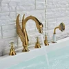 Golden Swan Bathtub Faucet Widespread Tub Mixer Tap Deck Mounted 3 Handle Swan Bath Shower Set with Pull Out Handshower Head 2