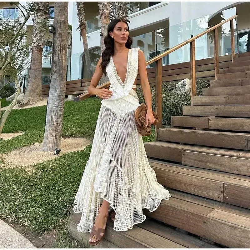 

Sexy Printed Tassels Patchwork Long Dress Women Fashion Deep V Neck Sleevelss See Through Dresses 2024 Vacation Beach Party Robe