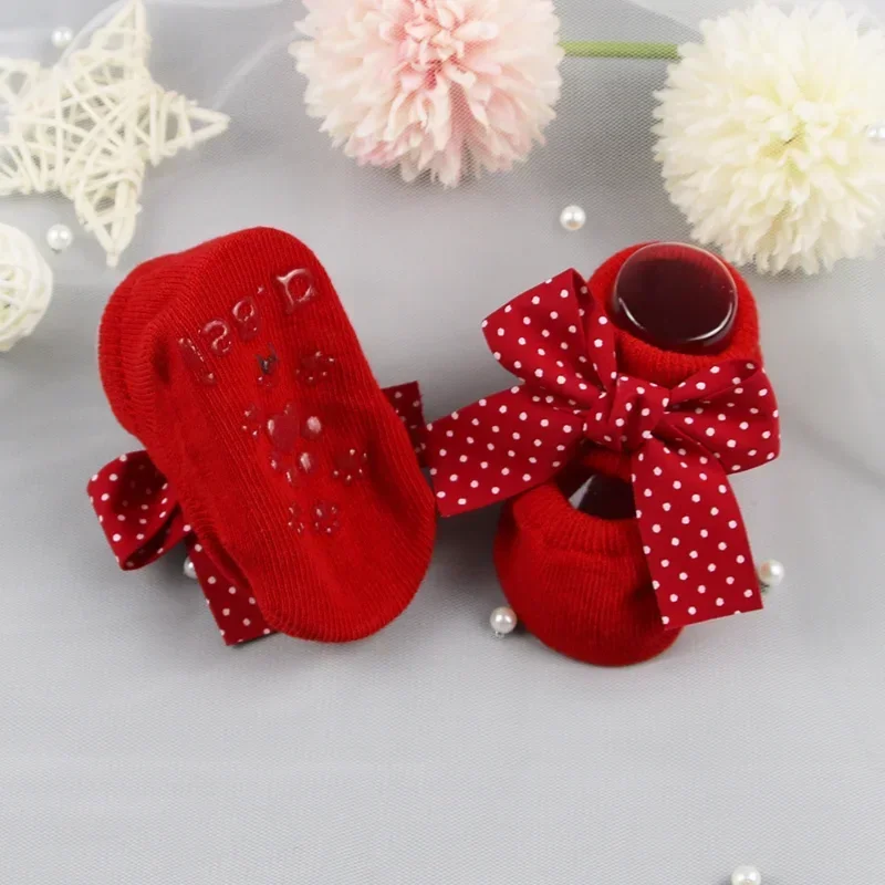 Spring Newborn Indoor Cotton Floor Socks Infant Anti Slip Bow Dot Socks Baby Girl Boys Rubber Soles Baptism Gifts