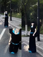 plus Size Women's Bla Spicy ort Sve T-irt Ne Hanging Fake Two-Piece Slimming Top Trendy Summer Commute Sle Korea...