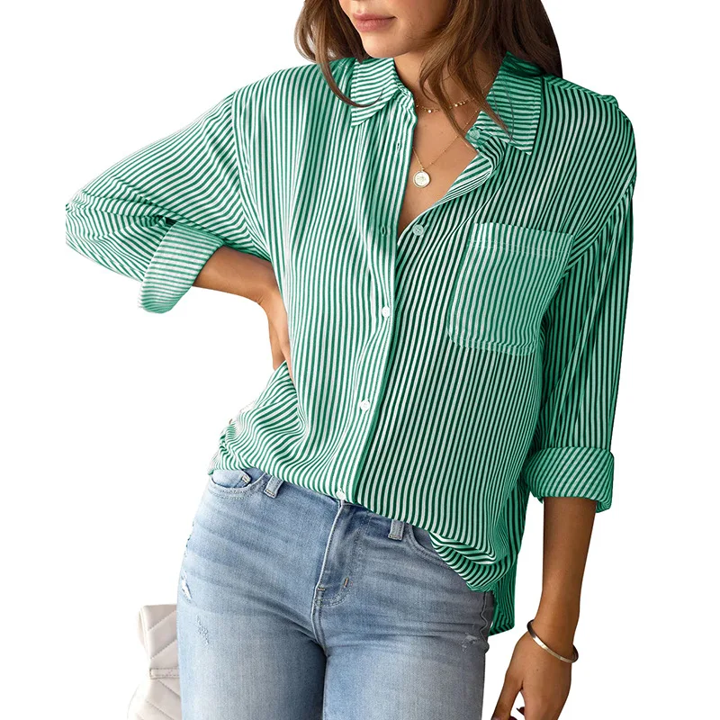 

American Foreign Trade Women's Clothing 2022 Autumn New Amazon Striped Cardigan Top Loose Casual Long Sleeved Shirt For Women