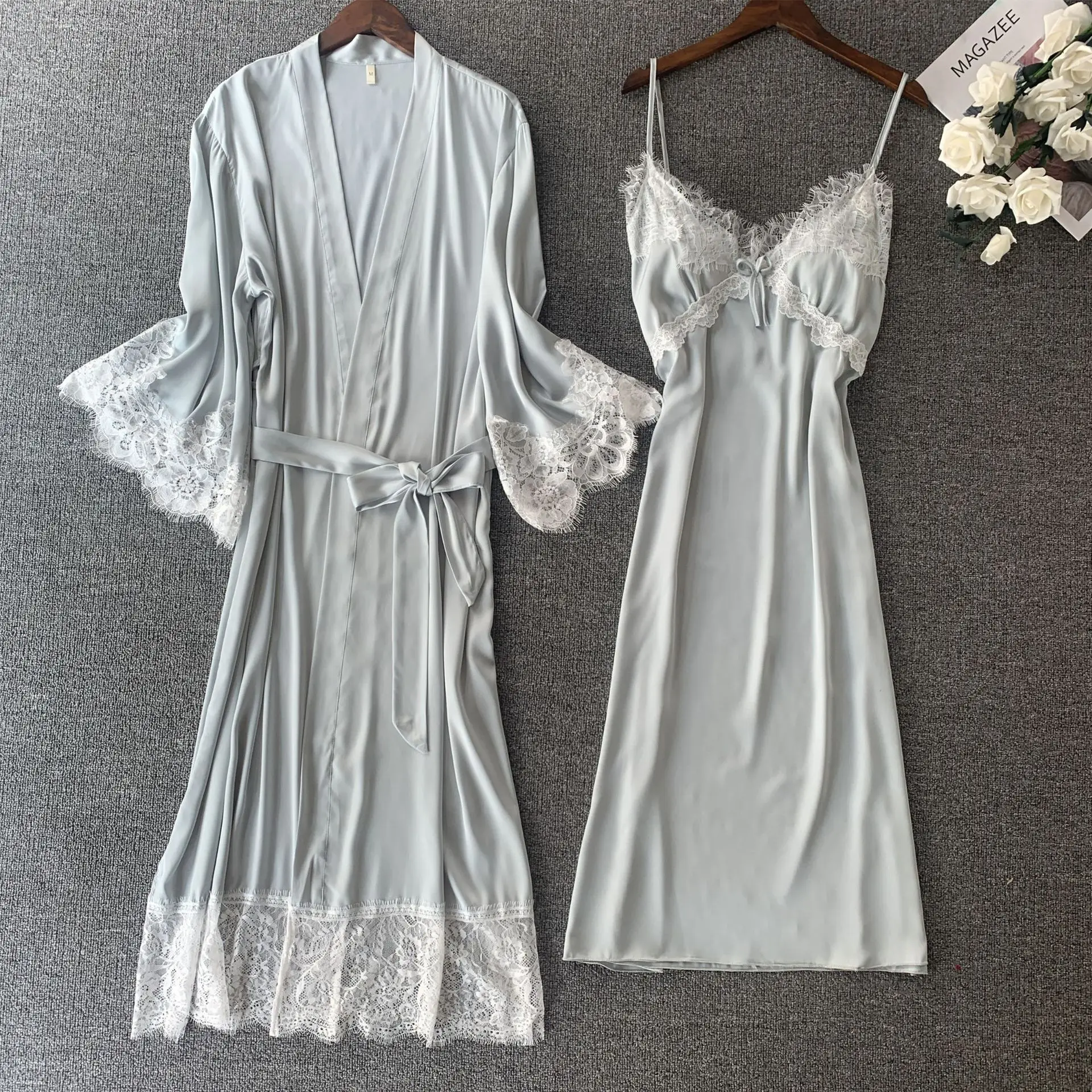 

Spring 2 Pieces Women Robe Set Sexy Kimono Bathrobe Gown Lace Patchwork Nightgown Loose Sleepwear Intimate Lingerie Homewear