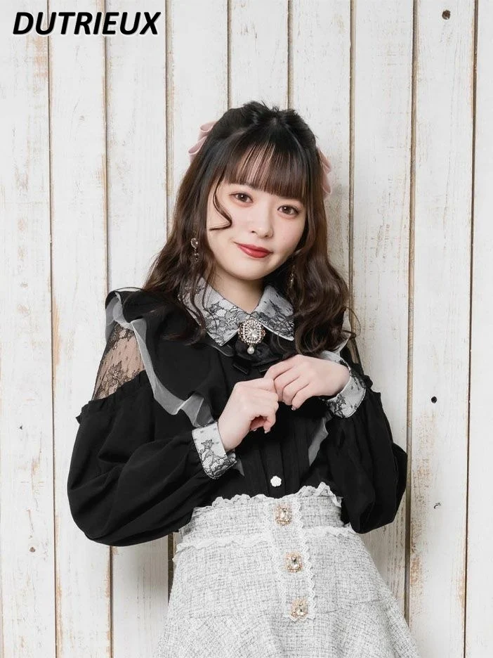 Rojita Japanese Shirts Mine Mass-Produced Lace Stitching Brooch Shirt Female Tomorrow Girlfriend Style Summer Blouse Tops Girl