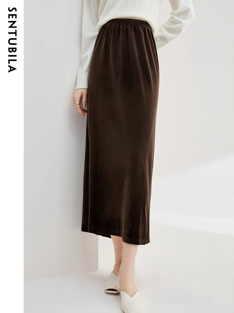 

SENTUBILA Elegant Midi Slit Velvet Skirt Women 2024 Autumn Winter Straight Elastic Waist Simple Fashion Female Skirts W33Q52247
