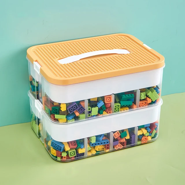 2 Layer Kids Building Blocks Storage Box Adjustable Lego-Compatible Storage Container Plastic with Handle Grid Toy Organizer