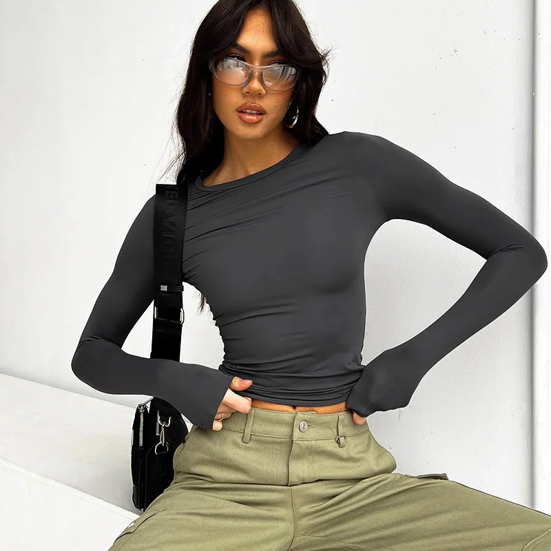 

Женский облегающий укороченный топ на выход, Повседневная однотонная облегающая футболка с круглым вырезом и длинным рукавом, базовая уличная одежда