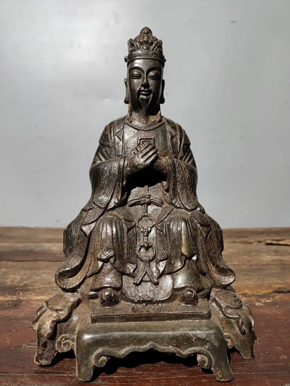 

10"Tibet Temple Collection Old Bronze Old Bronze Cinnabar Mud gold Chinese Civil Service Statue Power and Money Worship Hall