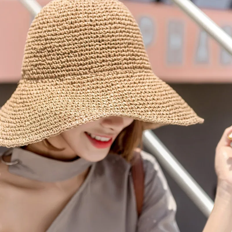 Summer Autumn Hats for Women Retro Flat Drooping Hat Brim Hand-made  Straw Hat Ladies Outdoor Sun Protection Beach Straw Hat
