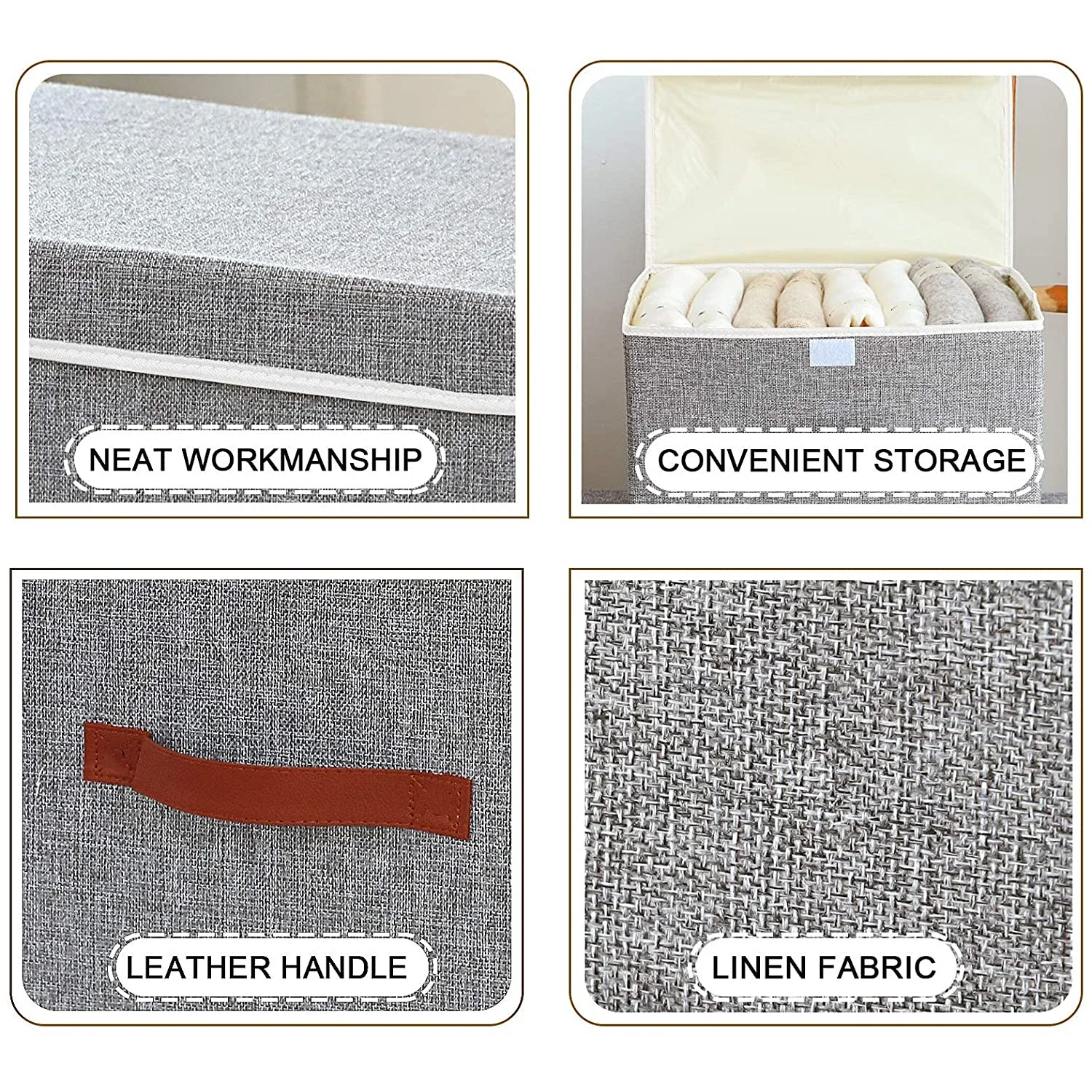 New Linen Fabric Foldable Storage Box Cube Closet Organizer for Toys Shelves Clothes with Lid Faux Leather Handles 3