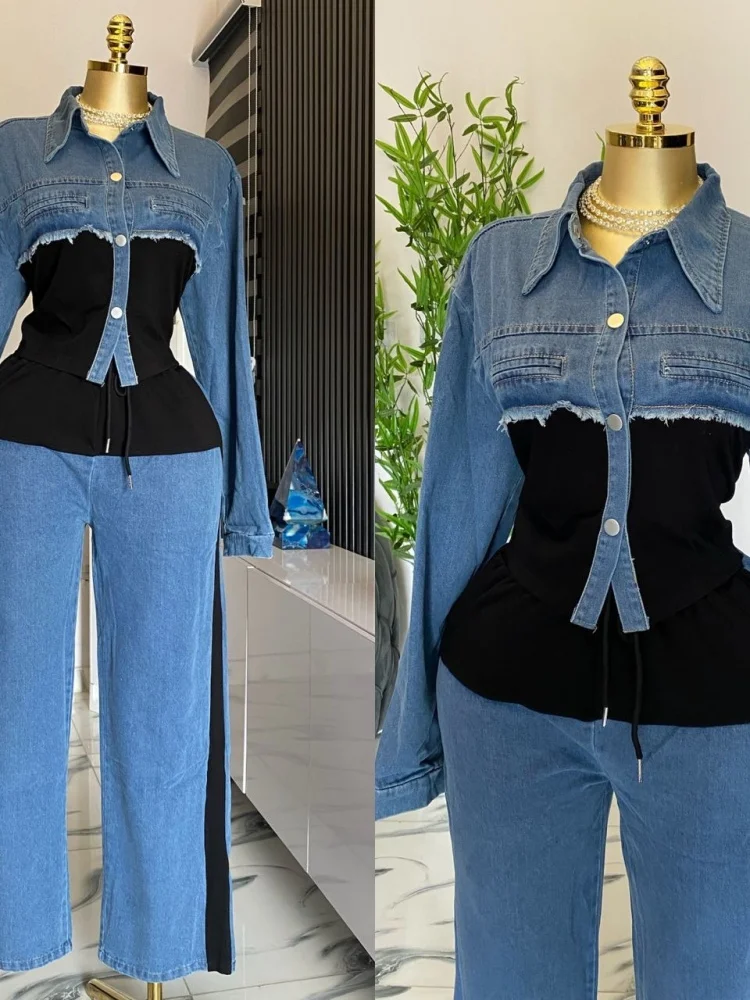Wmstar Two Piece Outfits Wholesale Denim Patchwork Fashion Casual New Long Sleeved Top Wide Leg Long Pants Fall Matching Suit
