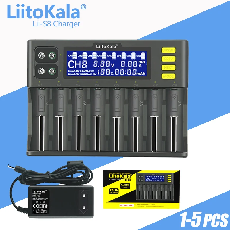 1-5PCS LiitoKala Lii-S8 Battery Charger Li-ion 3.7V NiMH 1.2V Li-FePO4 3.2V IMR 3.8V charger for 18650 26650 21700 26700 AA AAA charger adapter battery charger power supply adapter fast charger battery charger adapter