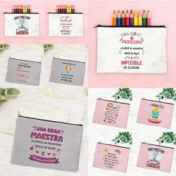 Spanish Printed Canvas Women's Wash and Makeup Cosmetic Pouches,As A Gift for Teachers Student's School Pencil Bags Pencil Cases