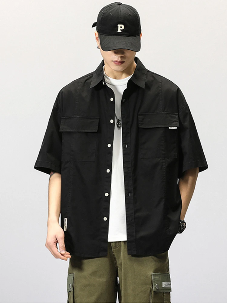 thumbnail image 1 of Camisa de manga corta con botones y bolsillos para hombre, estilo japonés, estilo cárdigan informal, a la moda, para verano, 1 of 5